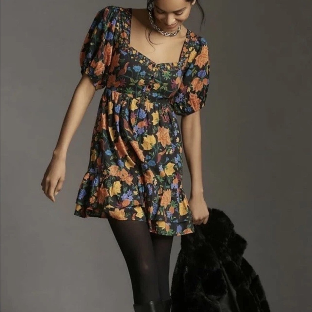 Anthropologie Farm Rio Short-Sleeve Sweetheart Floral Mini Dress Size L Nwt $228